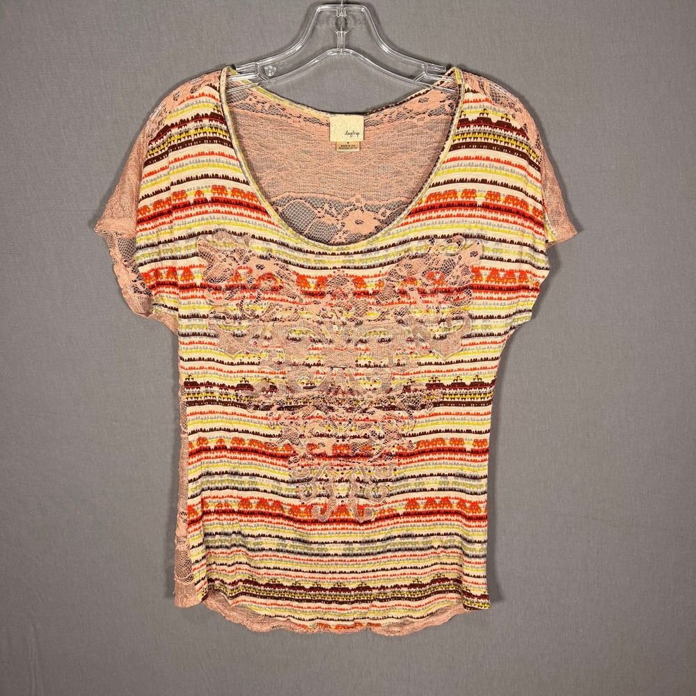 Affliction Style Y2K Boho Tribal Stripe Lace Back Bling Accented Top Pink Small